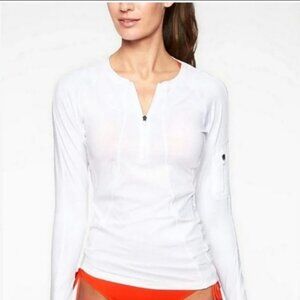 Athleta Pacifica Top White UPF Half Zip Front Shirred Back Long Sleeves Pockets